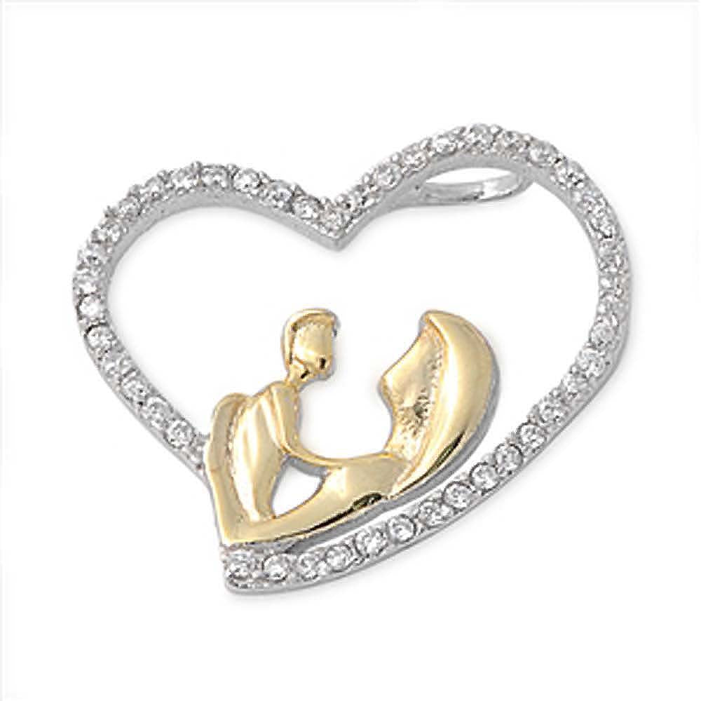 Sterling Silver Elegant Paved Open Heart Pendant with Centered Gold Plated Mother and Child Design