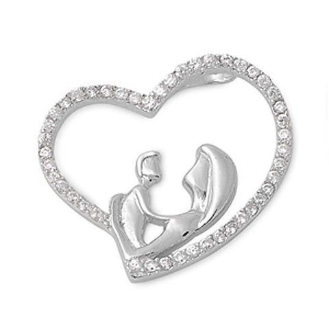 Sterling Silver Elegant Paved Open Heart Pendant with Centered Mother and Child Design