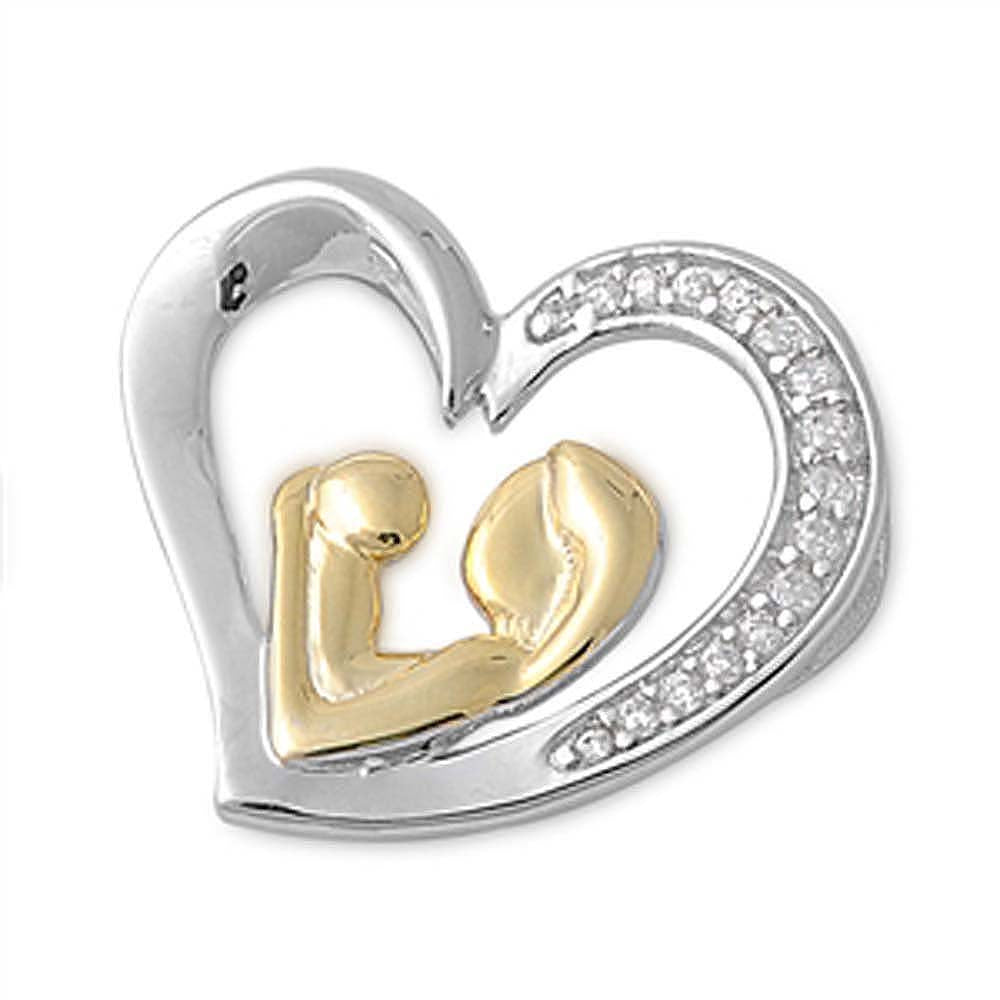 Sterling Silver Elegant Paved Open Heart Pendant with Centered Yellow Gold Plated Mother and Child Design