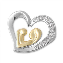 Load image into Gallery viewer, Sterling Silver Elegant Paved Open Heart Pendant with Centered Yellow Gold Plated Mother and Child Design