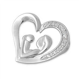 Sterling Silver Elegant Paved Open Heart Pendant with Centered Mother and Child Design