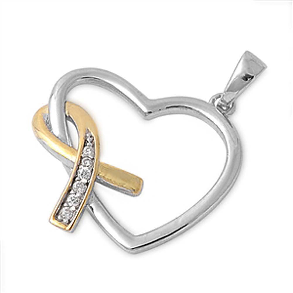 Sterling Silver Pendant with CZ - Breast Cancer Ribbon & HeartAnd Pendant Height 19MM
