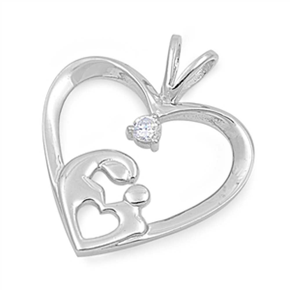 Sterling Silver Elegant Open Heart Pendant with Centered Mother and Child Design