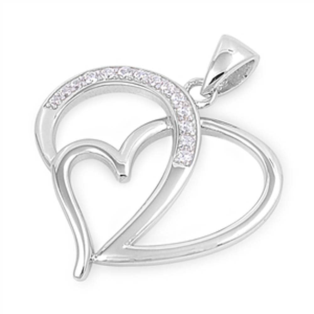 Sterling Silver Elegant Simulated Diamond Paved Heart Pendant with Fancy Intertwined Hearts Design