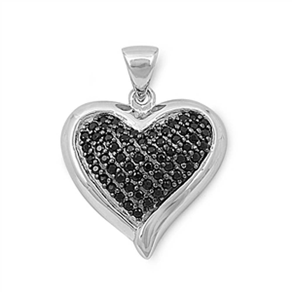 Sterling Silver Elegant Black Simulated Diamond Paved Heart Pendant