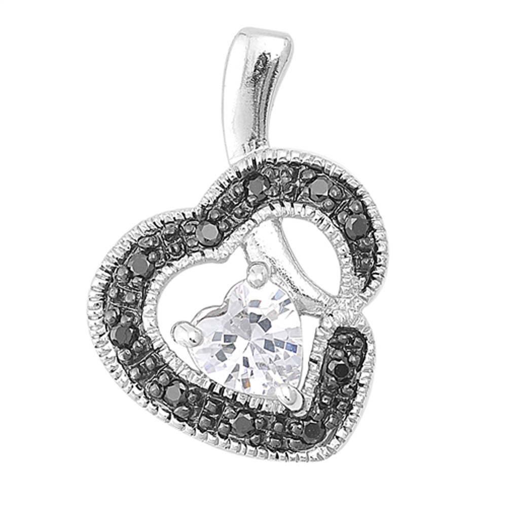 Sterling Silver Clear CZ and Black With Heart PendantAndHeight 16mm