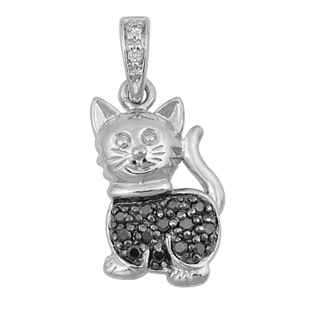 Sterling Silver Clear CZ and Black Cat PendantAndHeight 28mm