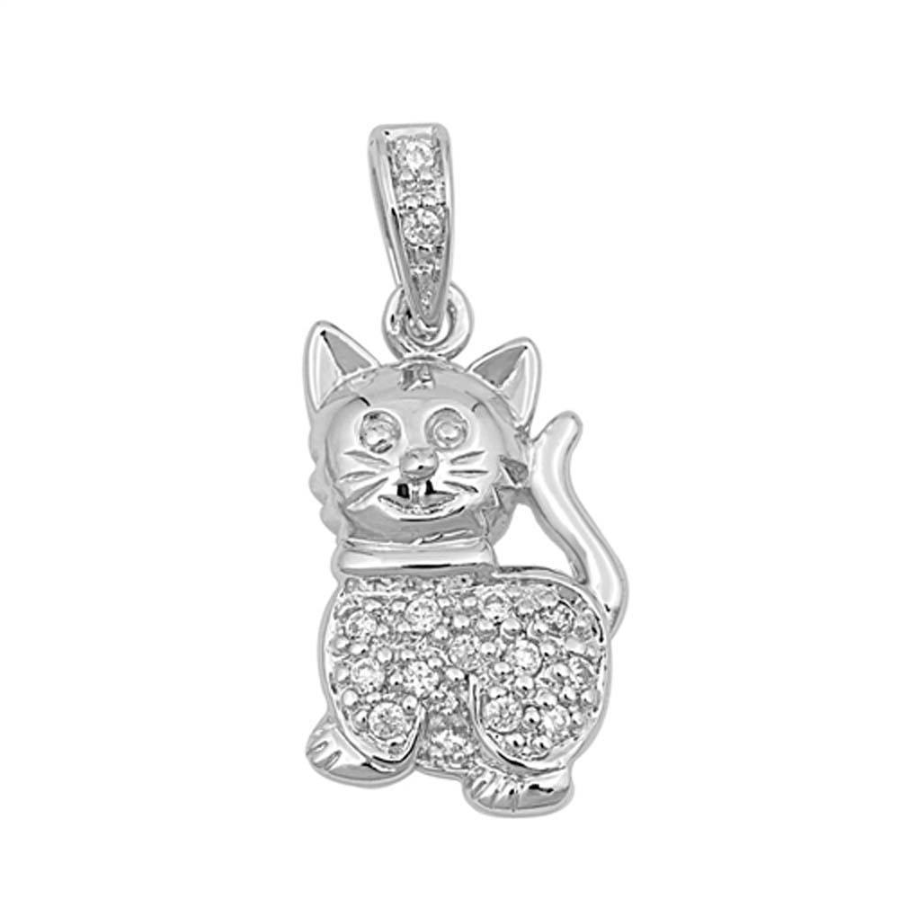 Sterling Silver Clear CZ  Cat PendantAndHeight 15mm