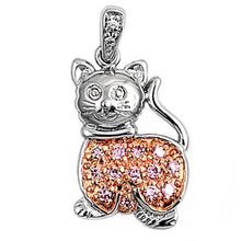 Load image into Gallery viewer, Sterling Silver Clear CZ and Pink CZ with Two Tone Cat PendantAnd Height 28mm