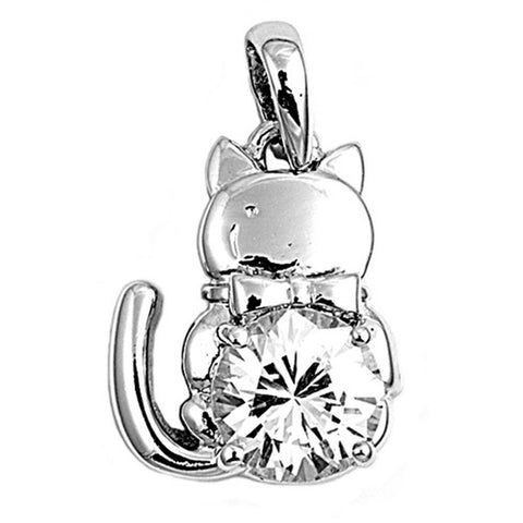 Sterling Silver Clear CZ Rhodium Plated Cat PendantAnd Height 19mm