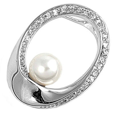 Sterling Silver Clear CZ and Mother Of Pearl with Rhodium Plated  Oval PendantAnd Height 27mm