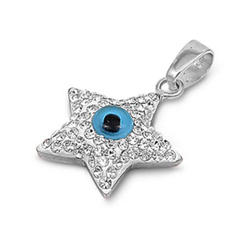 Sterling Silver AquamarineAnd Black And Clear Star With Eye Shaped Assorted CZ PendantAnd Pendant Height 17 mm