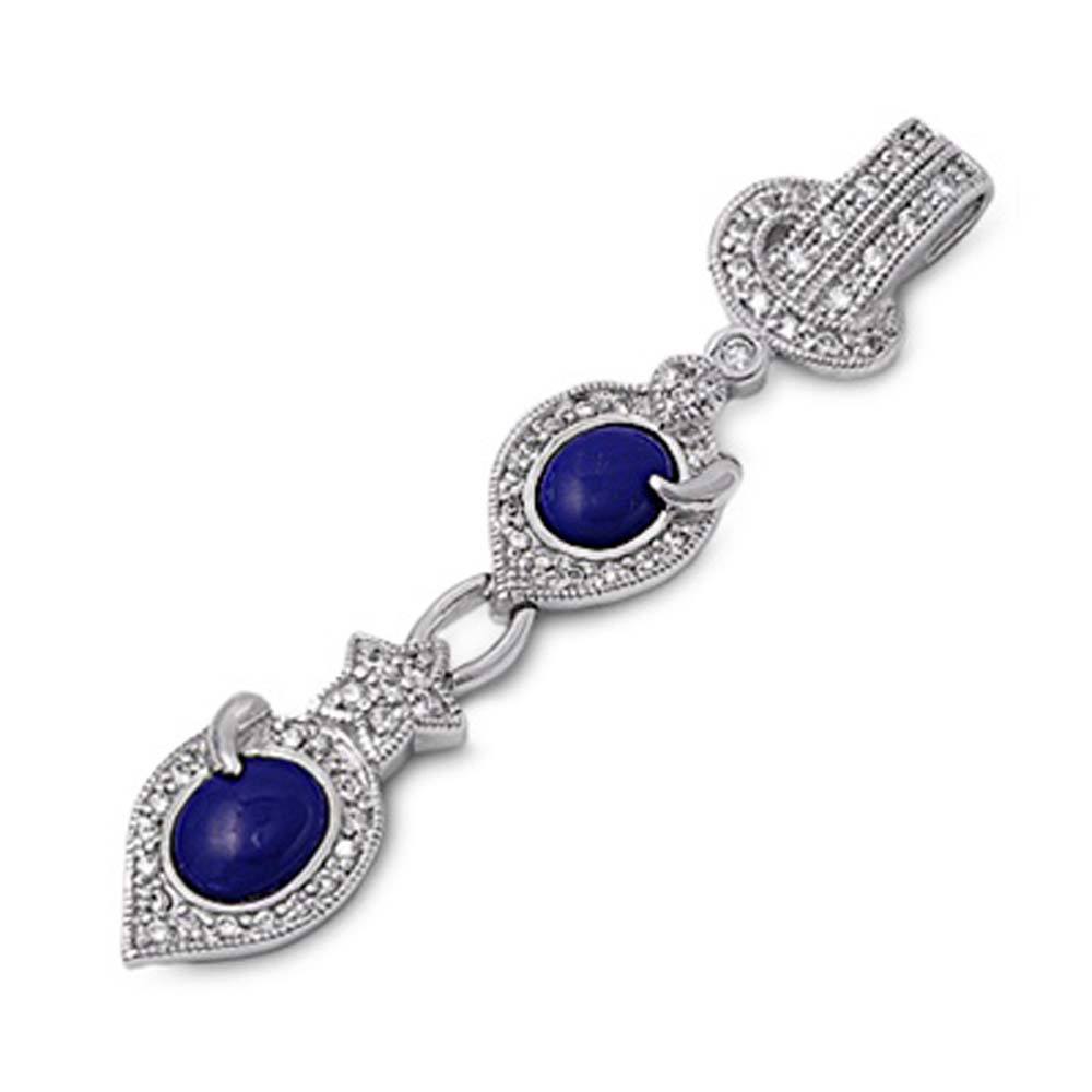 Sterling Silver Double Ovals With Blue Sapphire And Clear Assorted CZ PendantAnd Pendant Size 78 mm