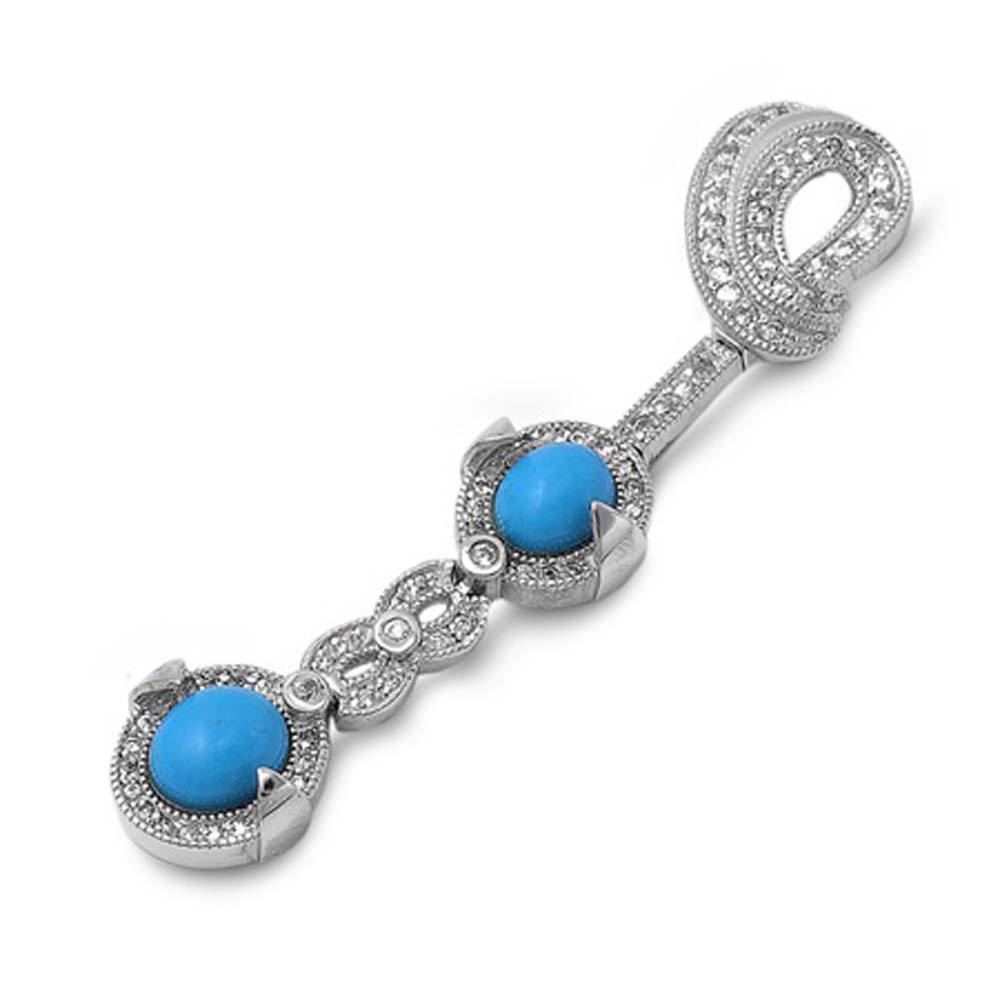 Sterling Silver Double Ovals With Turquoise And Clear Assorted CZ PendantAnd Pendant Size 83 mm