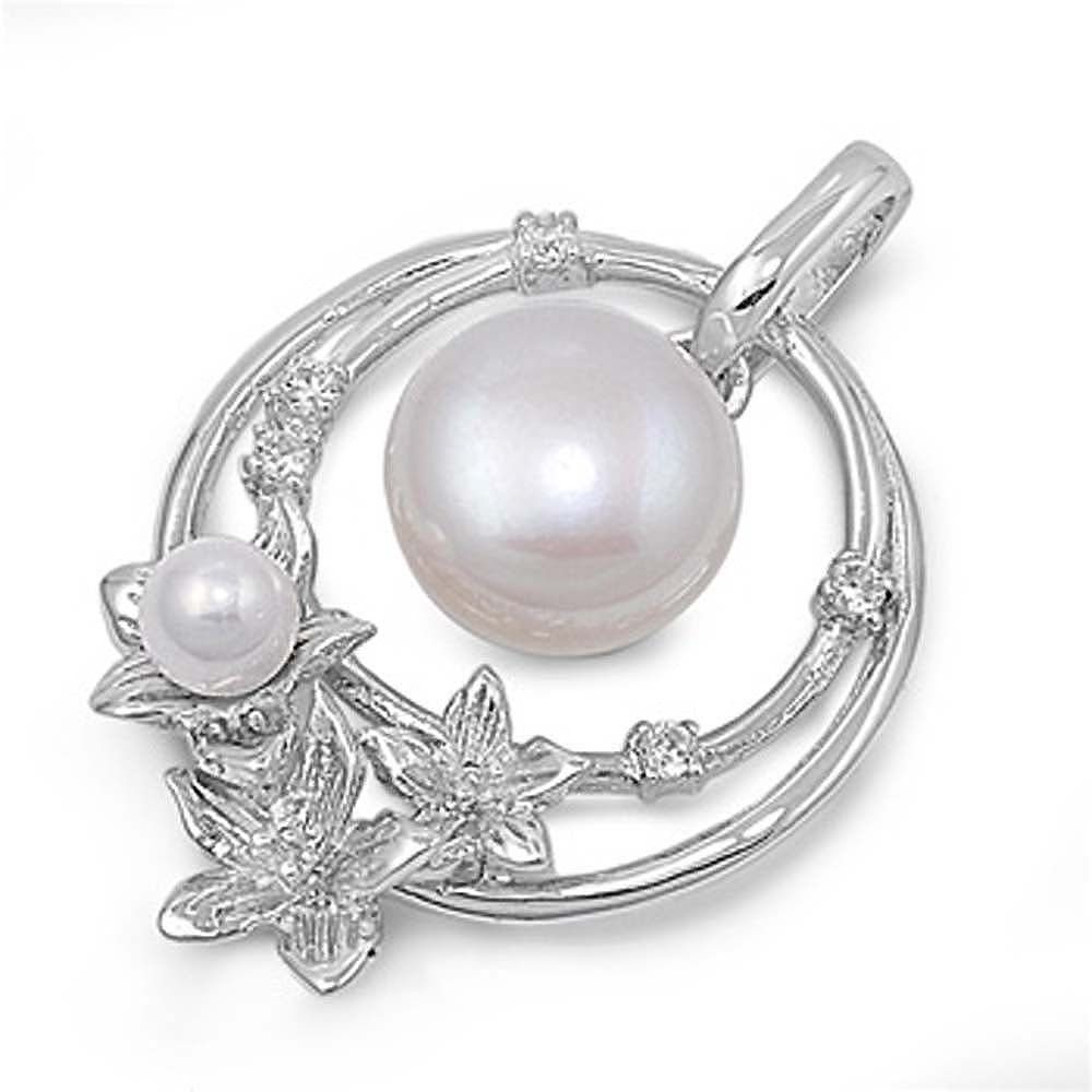 Sterling Silver Flower With Freshwater Pearl Shaped CZ PendantAnd Pendant Size 26 mm