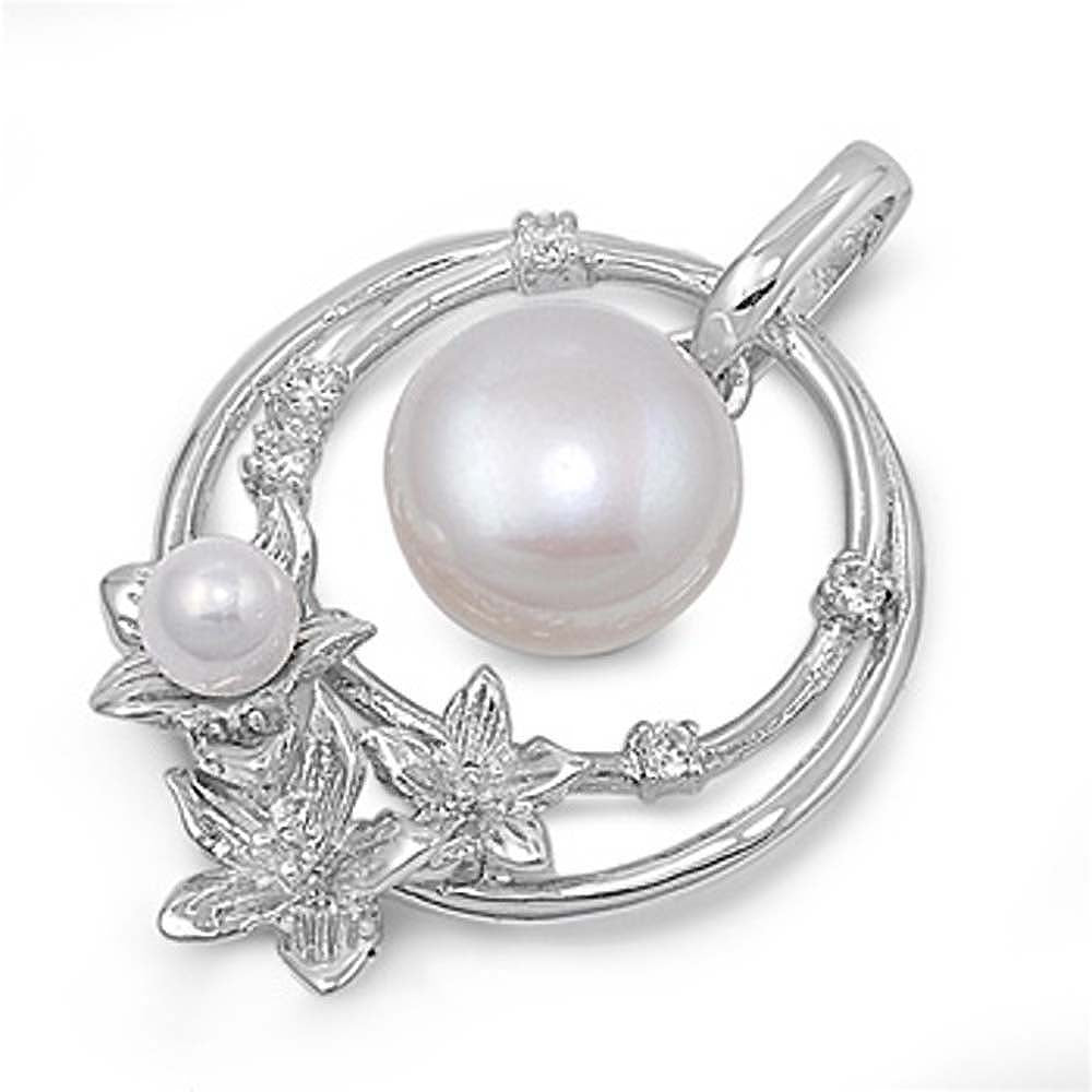Sterling Silver Flower With Freshwater Pearl Shaped CZ PendantAnd Pendant Size 26 mm