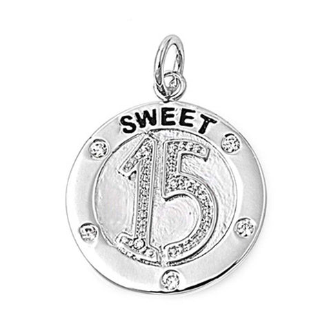 Sterling Silver Elegant  Sweet 15  Pendant Paved with Clear Simulated Diamonds