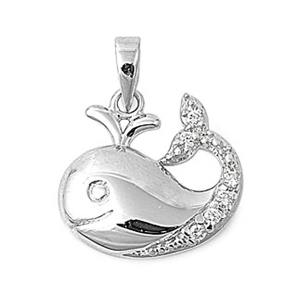 Sterling Silver Whale Pendant Paved with Clear Simulated Diamonds