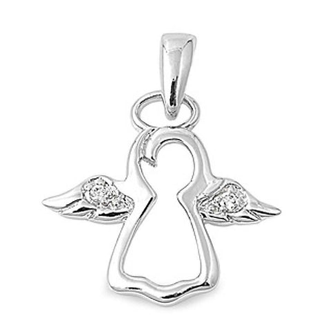 Sterling Silver Angel Pendant with Clear Simulated Diamond Paved Wings