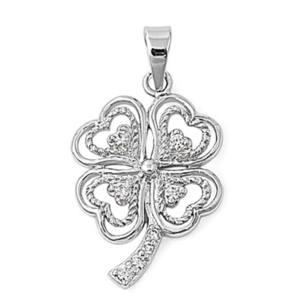 Sterling Silver Elegant Clover Heart Pendant Paved with Clear Simulated Diamonds