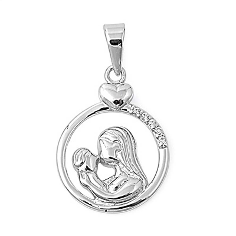 Sterling Silver Mother and Child Pendant with Clear Simulated Diamonds