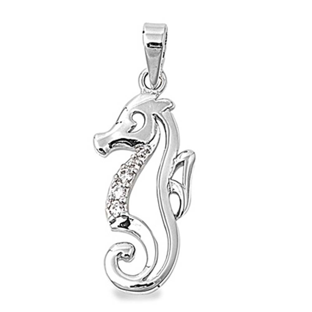 Sterling Silver Seahorse Pendant with Clear Simulated Diamonds