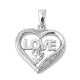 Sterling Silver Fancy Heart Pendant with Centered  LOVE  Design and Clear Simulated Diamond Heart