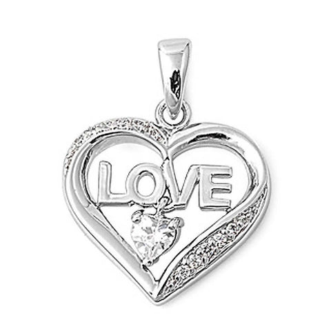 Sterling Silver Fancy Heart Pendant with Centered  LOVE  Design and Clear Simulated Diamond Heart