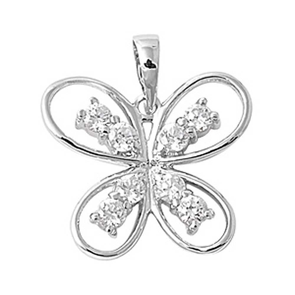 Sterling Silver Fancy Butterfly Pendant  with Clear Simulated Diamonds Design