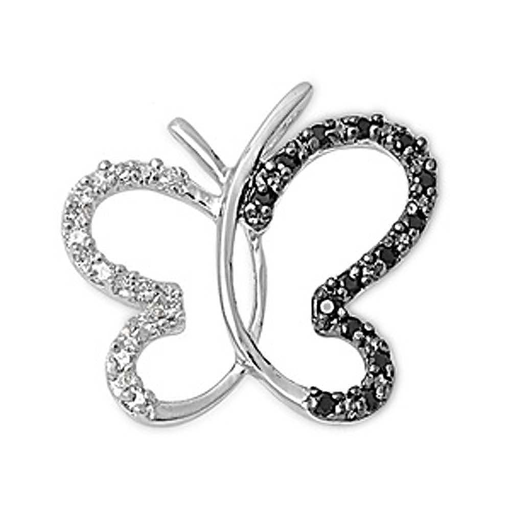 Sterling Silver Stylish Butterfly Pendant  Paved with Black and Clear CZ