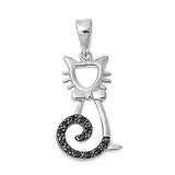 Sterling Silver Cat Pendant with Bow and Black Simulated Diamond Paved Tail