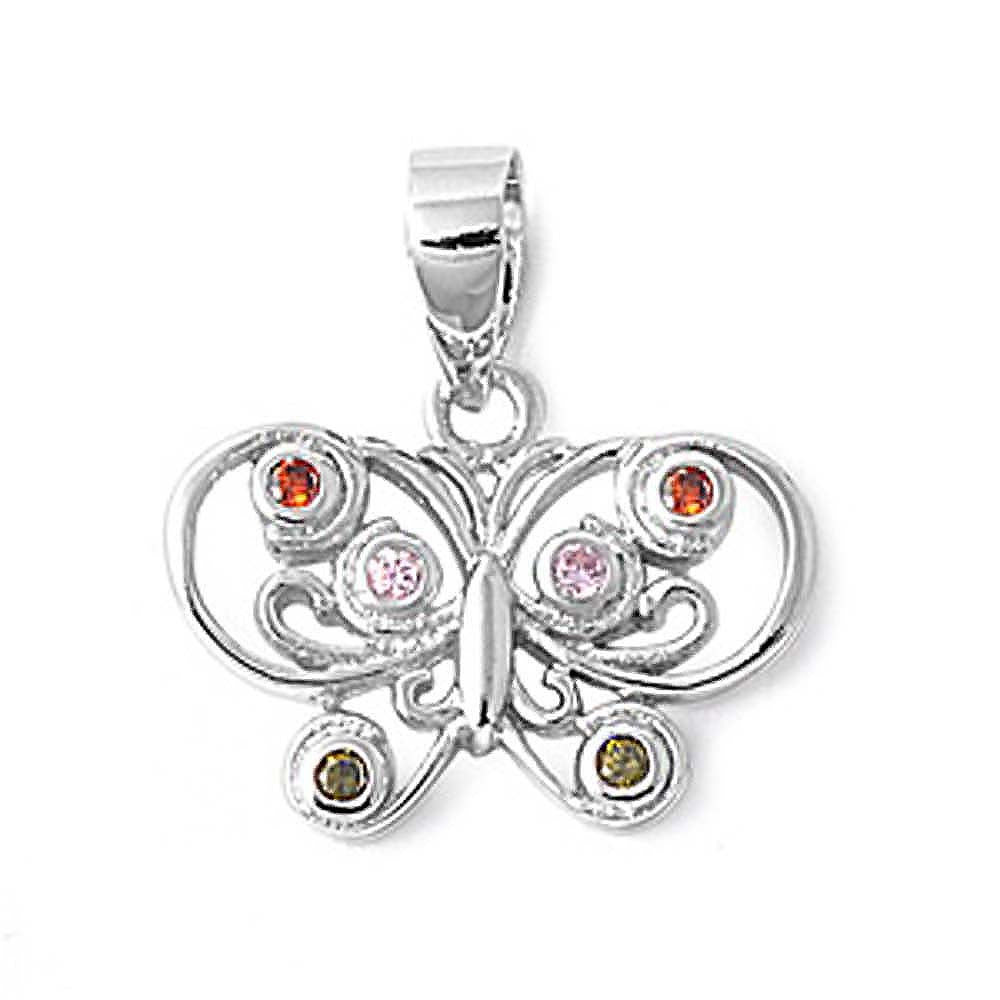 Sterling Silver Fancy Butterfly Pendant  with Multicolored CZ Design