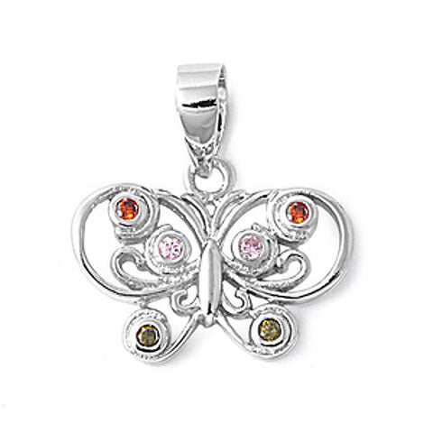 Sterling Silver Fancy Butterfly Pendant  with Multicolored Simulated Diamonds Design