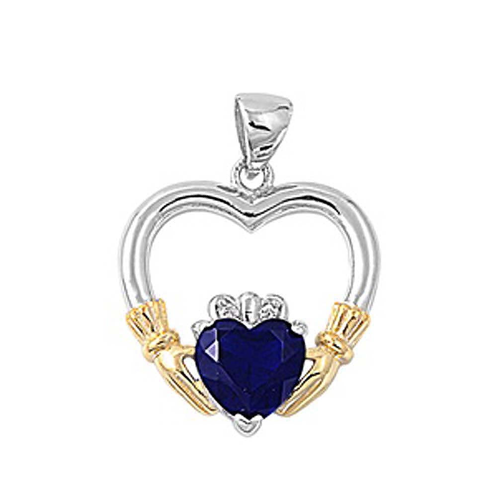 Sterling Silver Elegant Claddagh Pendant with  Blue Sapphire CZ Heart  & Yellow Gold Plated Hands