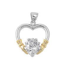 Load image into Gallery viewer, Sterling Silver Elegant Claddagh Pendant with Yellow Gold Plated Hands &amp; Clear Simulated Heart Diamond