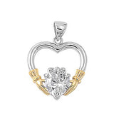 Sterling Silver Elegant Claddagh Pendant with Yellow Gold Plated Hands & Clear Simulated Heart Diamond