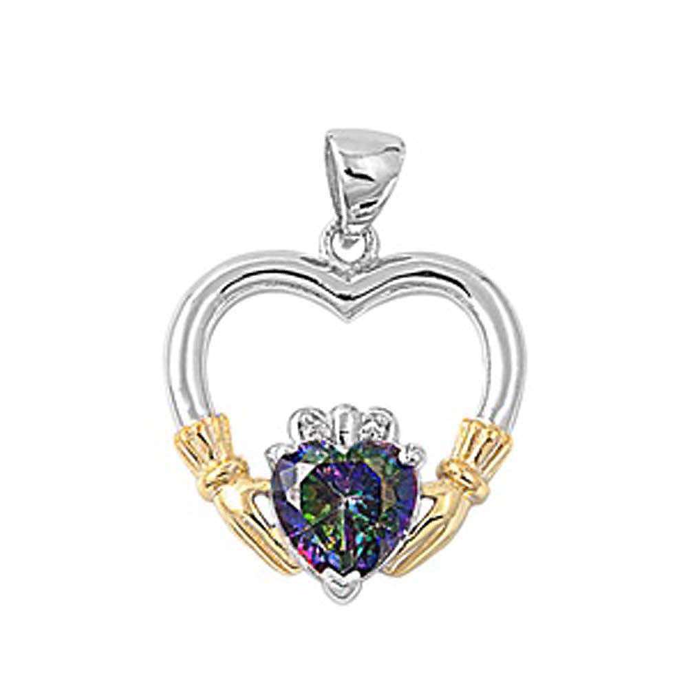 Sterling Silver Elegant Claddagh Pendant with  Rainbow Topaz CZ Heart & Yellow Gold Plated Hands