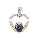 Sterling Silver Elegant Claddagh Pendant with  Rainbow Topaz Simulated Diamond Heart & Yellow Gold Plated Hands