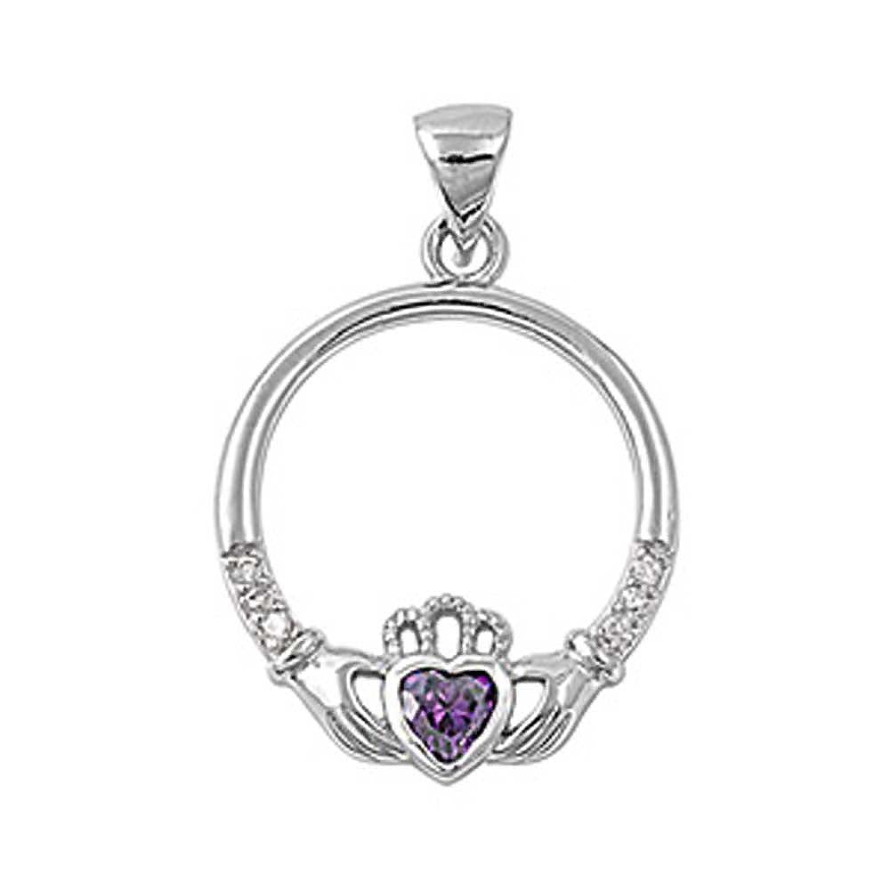 Sterling Silver Amethyst Claddagh Shaped Assorted CZ PendantAnd Product Size 25 mm