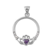 Load image into Gallery viewer, Sterling Silver Amethyst Claddagh Shaped Assorted CZ PendantAnd Product Size 25 mm