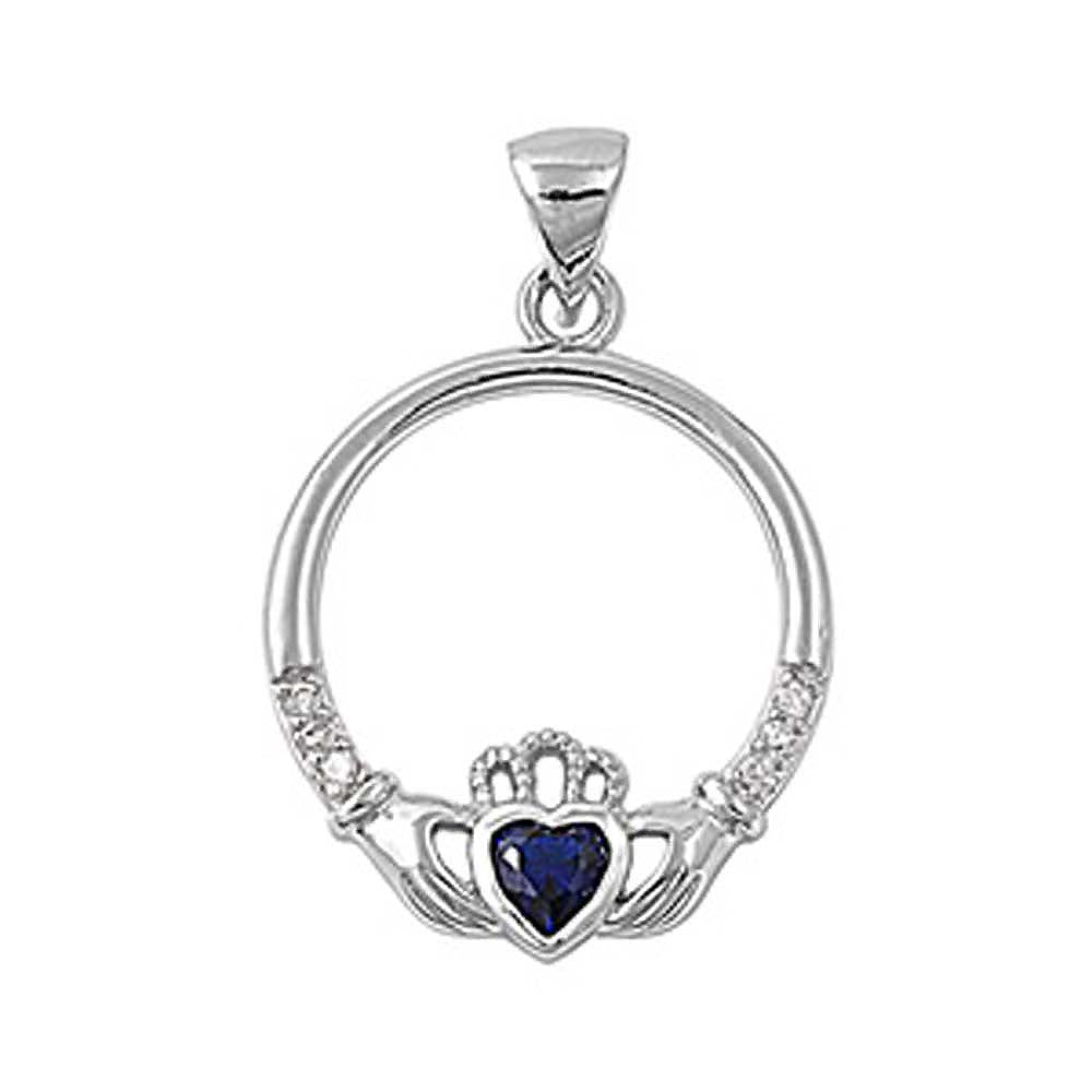 Sterling Silver Elegant Claddagh Pendant with Blue Sapphire Simulated Diamond Heart