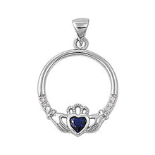 Load image into Gallery viewer, Sterling Silver Elegant Claddagh Pendant with Blue Sapphire Simulated Diamond Heart