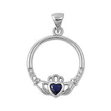 Sterling Silver Elegant Claddagh Pendant with Blue Sapphire Simulated Diamond Heart