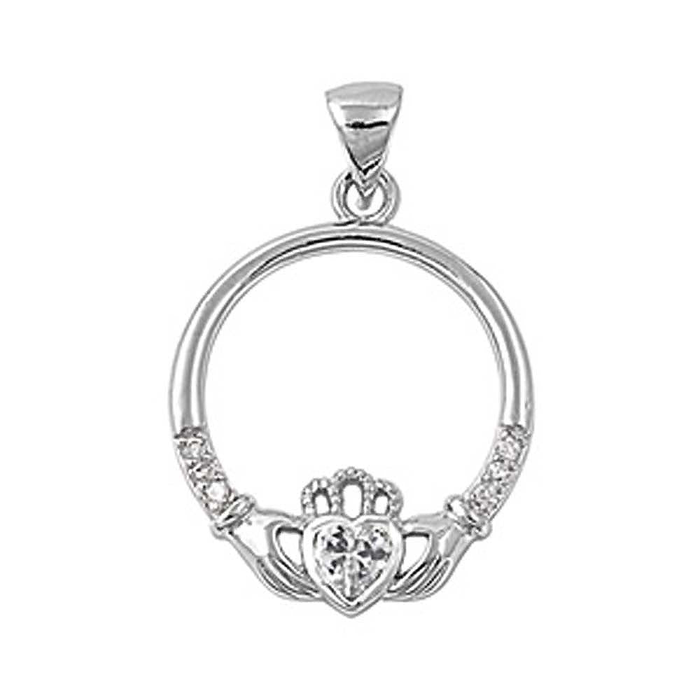 Sterling Silver Elegant Claddagh Pendant with Clear CZ Heart