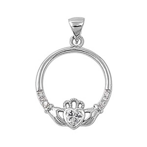 Sterling Silver Elegant Claddagh Pendant with Clear Simulated Diamond Heart