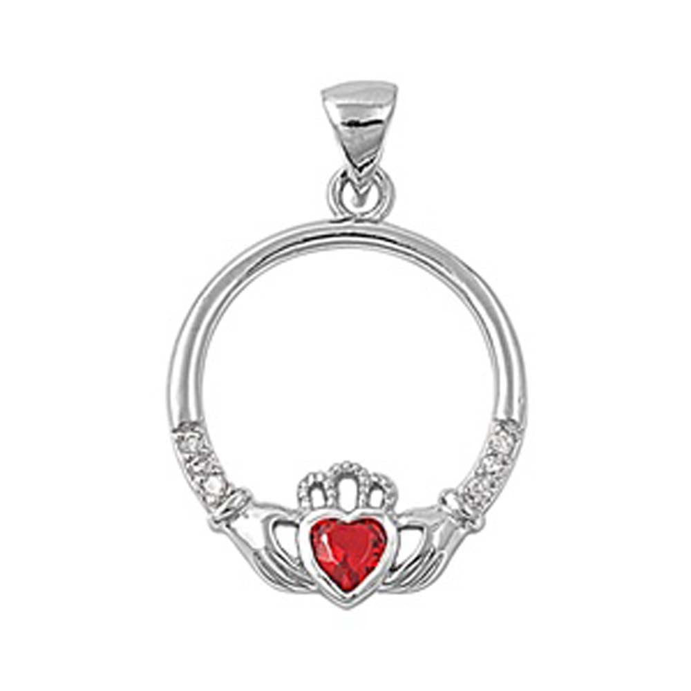 Sterling Silver Elegant Claddagh Pendant with Garnet CZ Heart