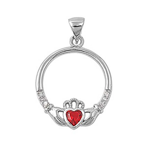 Sterling Silver Elegant Claddagh Pendant with Garnet Simulated Diamond Heart