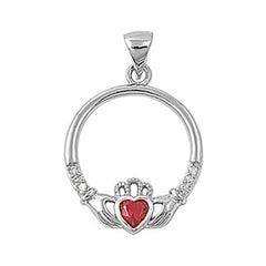 Sterling Silver Elegant Claddagh Pendant with Red Ruby Simulated Diamond Heart