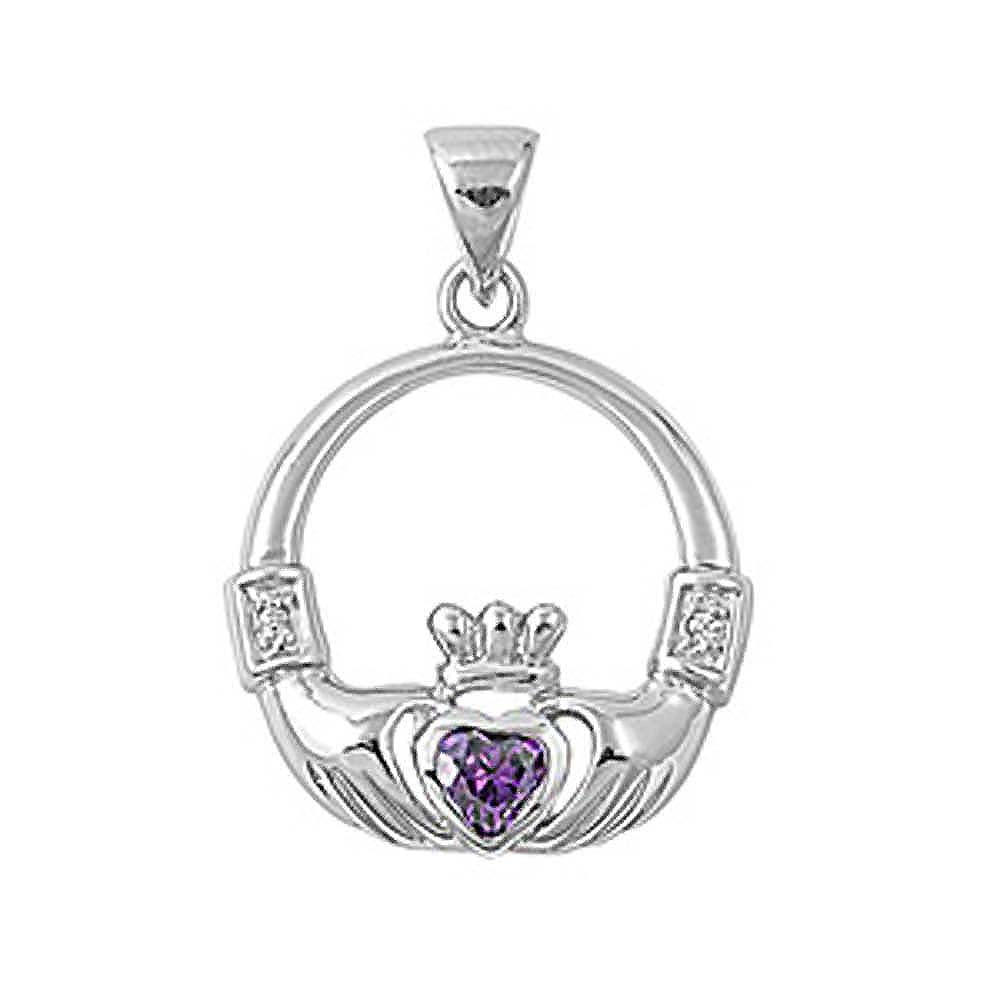 Sterling Silver Elegant Claddagh Pendant with Amethyst Simulated Diamond Heart