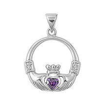 Load image into Gallery viewer, Sterling Silver Elegant Claddagh Pendant with Amethyst Simulated Diamond Heart